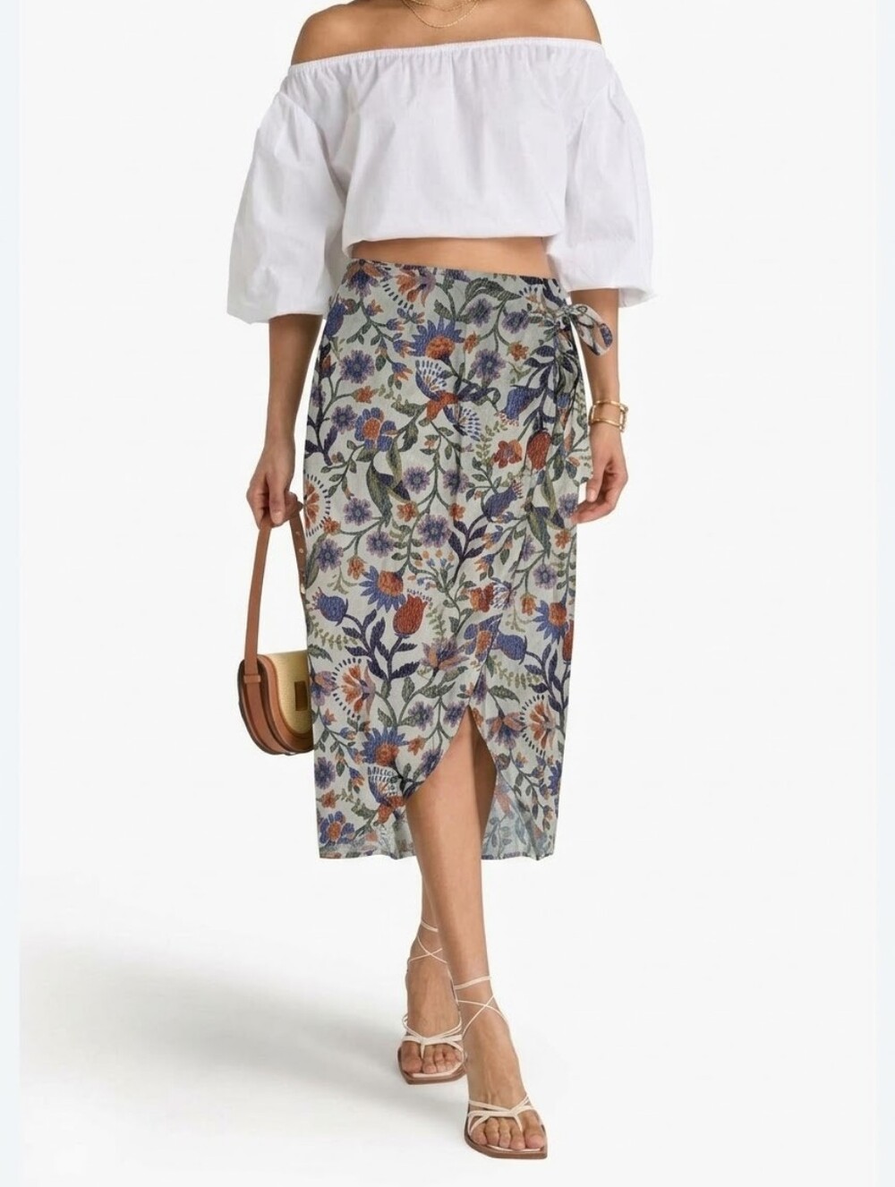 Reitmans Prairie Boho Breezy Blue Cream Orange Floral Casual Wrap Midi Skirt XL